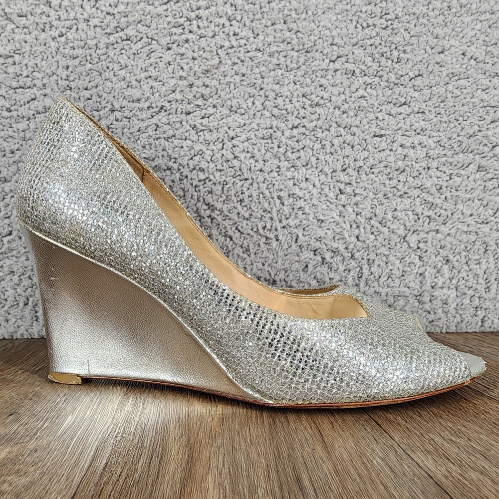 Badgley Mischka Sparkly Silver Peep Toe Wedge Heels Women's Size 6.5
